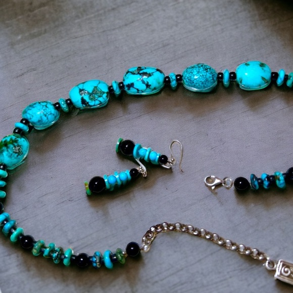 Vintage Handmade Turquoise Necklace with Onyx Solid 925 Sterling Silver+Earrings - Picture 4 of 15